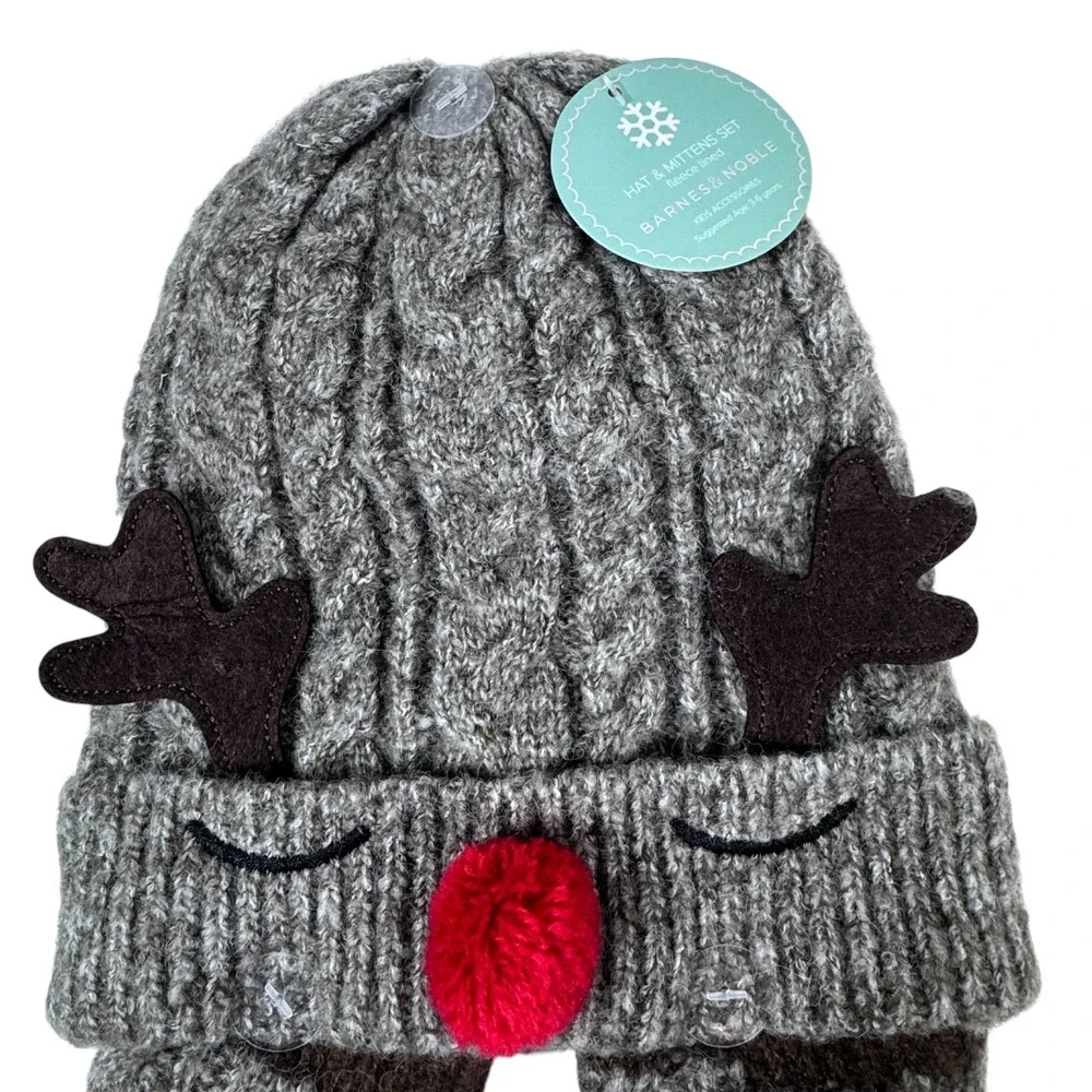 NWT Gray‎ Knit Reindeer Hat Mittens Set Kids 3-6 Winter Christmas Fleece Lined